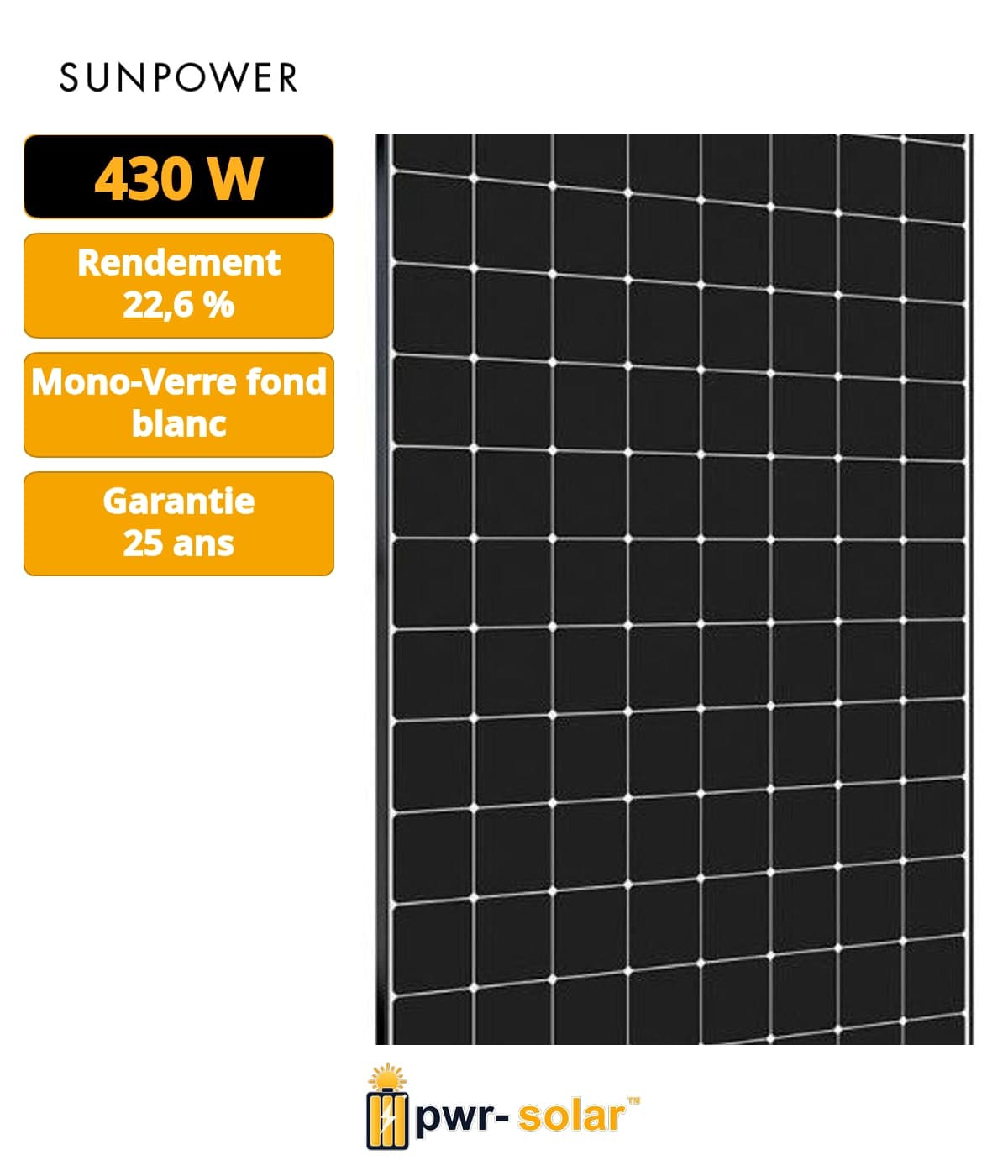SUNPOWER - Module MAX3 400Wc - Cadre noir - Fond blanc - Dimensions 1690 x 1046 x 40 mm
