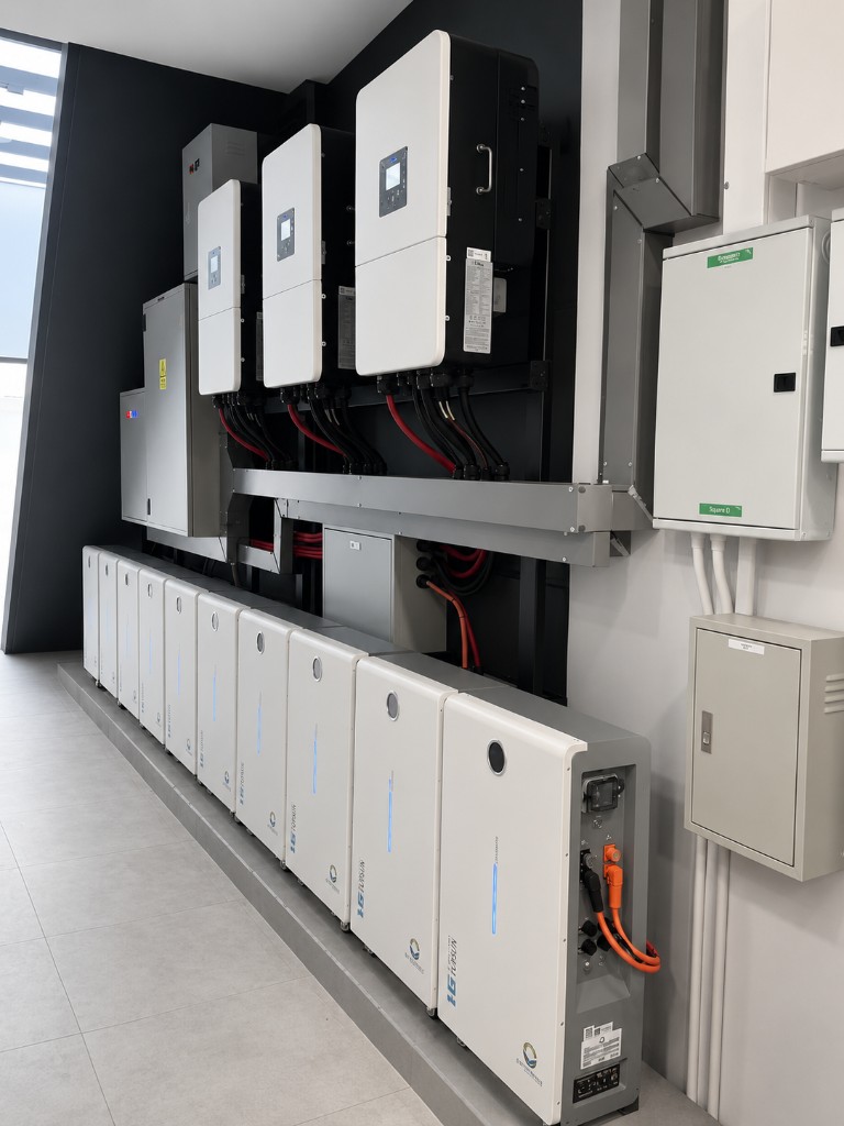 Installation photovoltaïque avec onduleurs et batteries