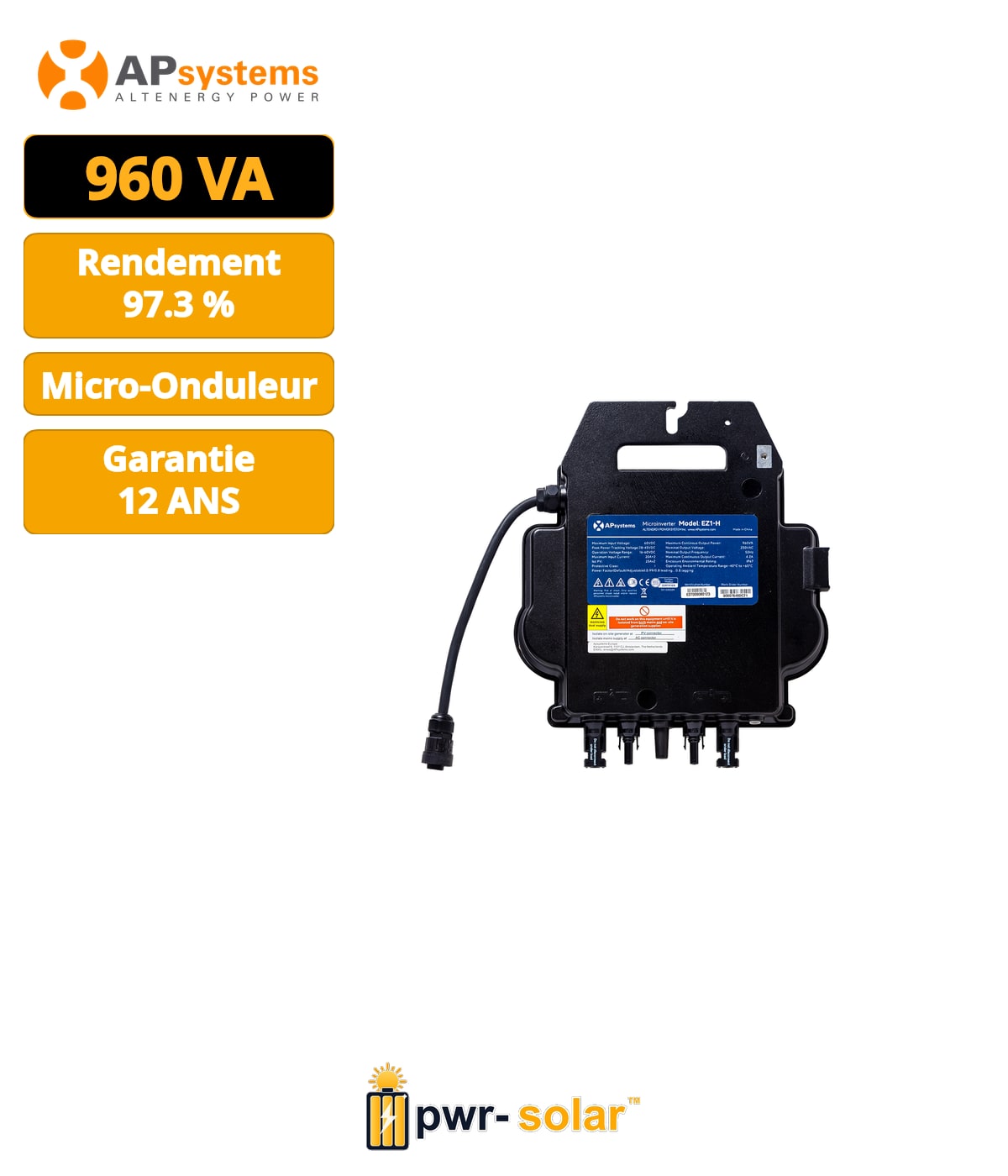 APSYSTEMS - Micro-onduleur EZ1-H - monophasé (960VA) - Connecte deux modules PV - Garantie 12 ans