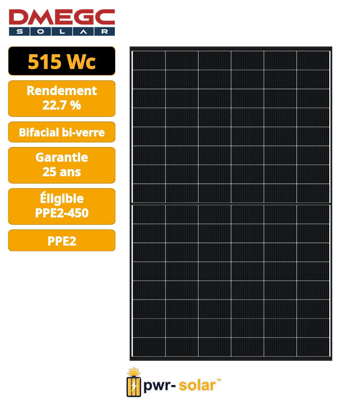 DM515G12RT-B54HBT Module N-TYPE 515Wc Bi-verre transparent Cadre noir PPE2