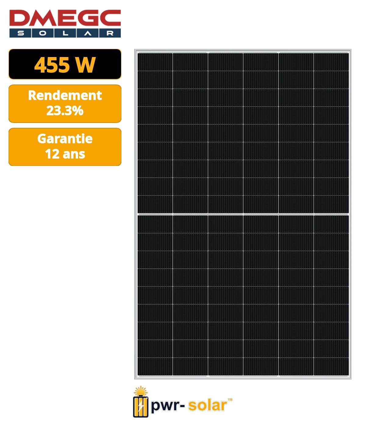 DMEGC - Module Léger 455Wc - N-TYPE - PPE2 - Mono-verre - Cadre noir Fond blanc - 108 cellules - 1762 x 1134 x 30 mm - Connecteur MC4 Evo 2 1500V
