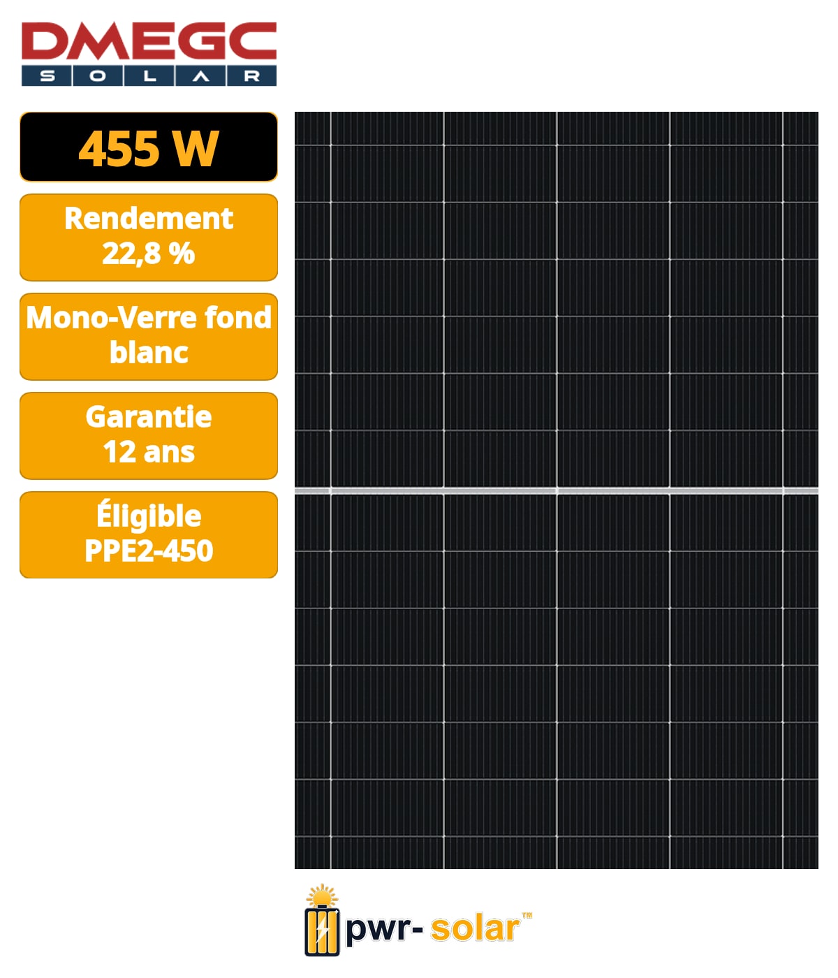DMEGC - Module Léger 455Wc - N-TYPE - PPE2 - Mono-verre - Cadre noir Fond blanc - 108 cellules - 1762 x 1134 x 30 mm - Connecteur MC4 Evo 2 1500V