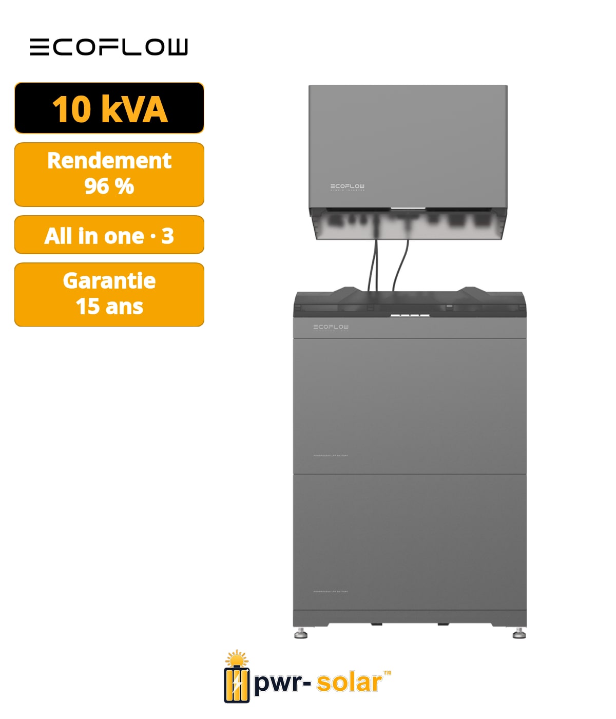 ECOFLOW - 10kW / 10kWH triphasé - Système tout-en-un avec onduleur hybride de 10kW, 2x batteries de 5kWh et support.