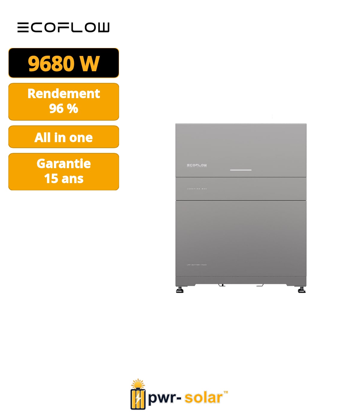 ECOFLOW - 3.68kW / 5kWH monophasé - Système tout-en-un avec onduleur hybride de 3.68kW, batterie de 5kWh et support.