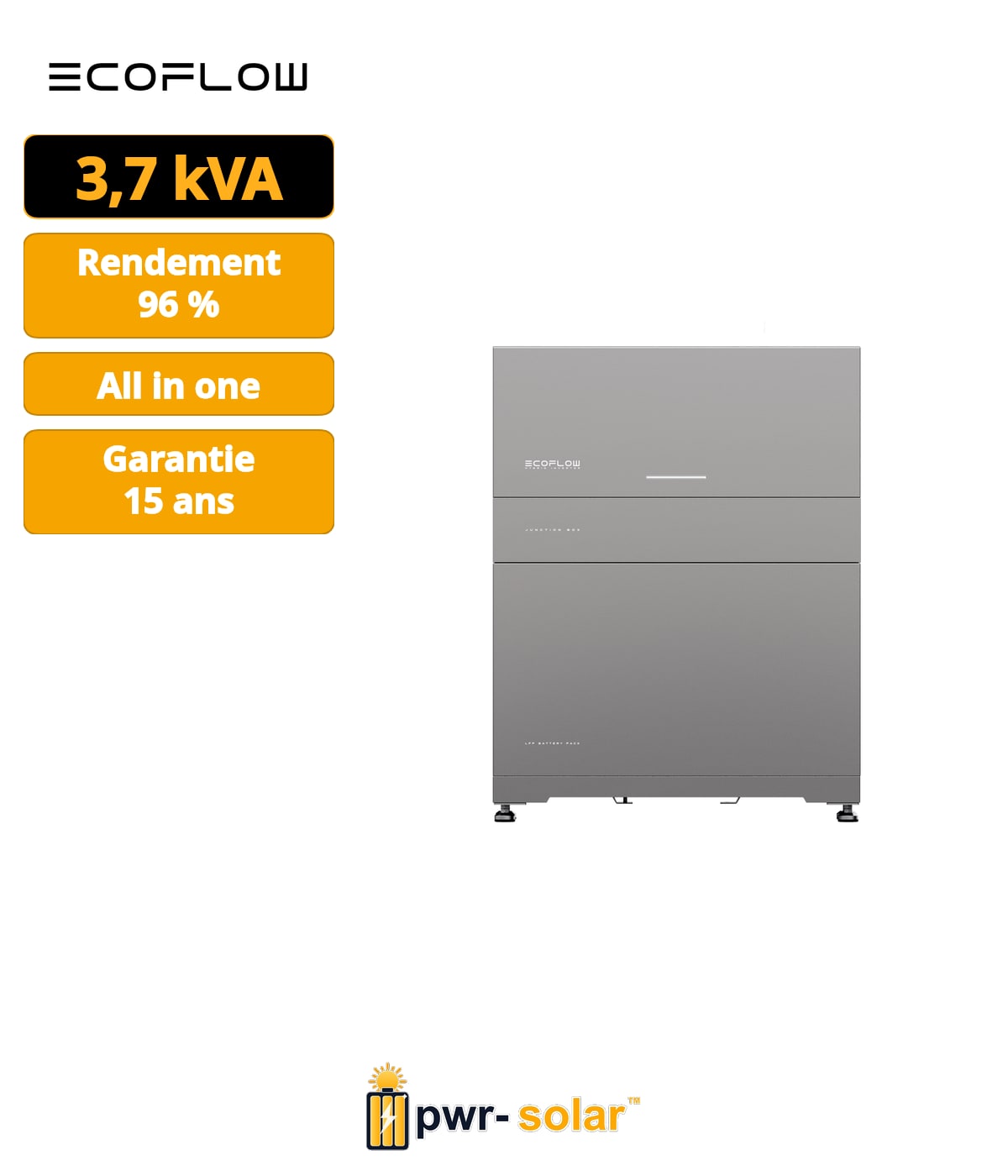 ECOFLOW - 3.68kW / 5kWH monophasé - Système tout-en-un avec onduleur hybride de 3.68kW, batterie de 5kWh et support.