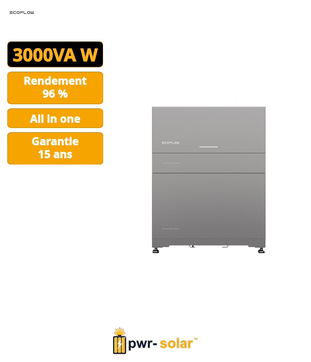 ECOFLOW - 3kW / 5kWH monophasé - Système tout-en-un avec onduleur hybride de 3kW, batterie de 5kWh et support.