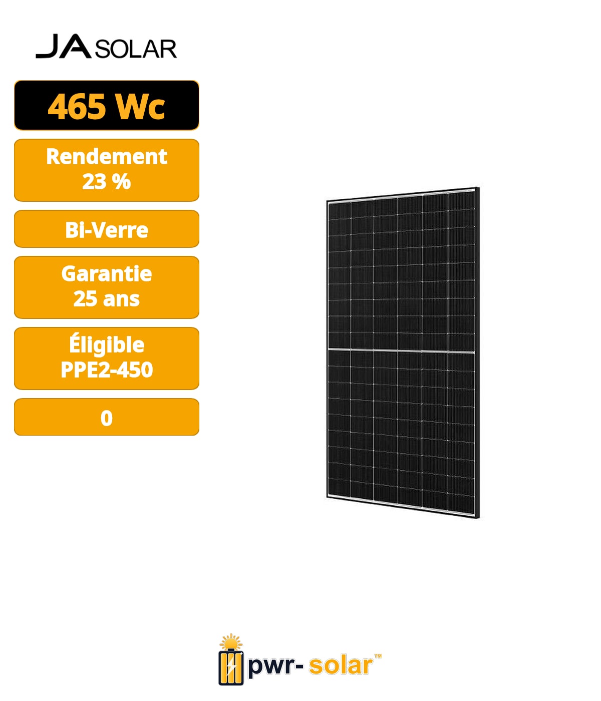 JA SOLAR - Module 465w N-TYPE - Bi verre Bifacial - Cadre noir Fond blanc - Bilan carbone PPE2 V1 500kg CO2eq/kWc