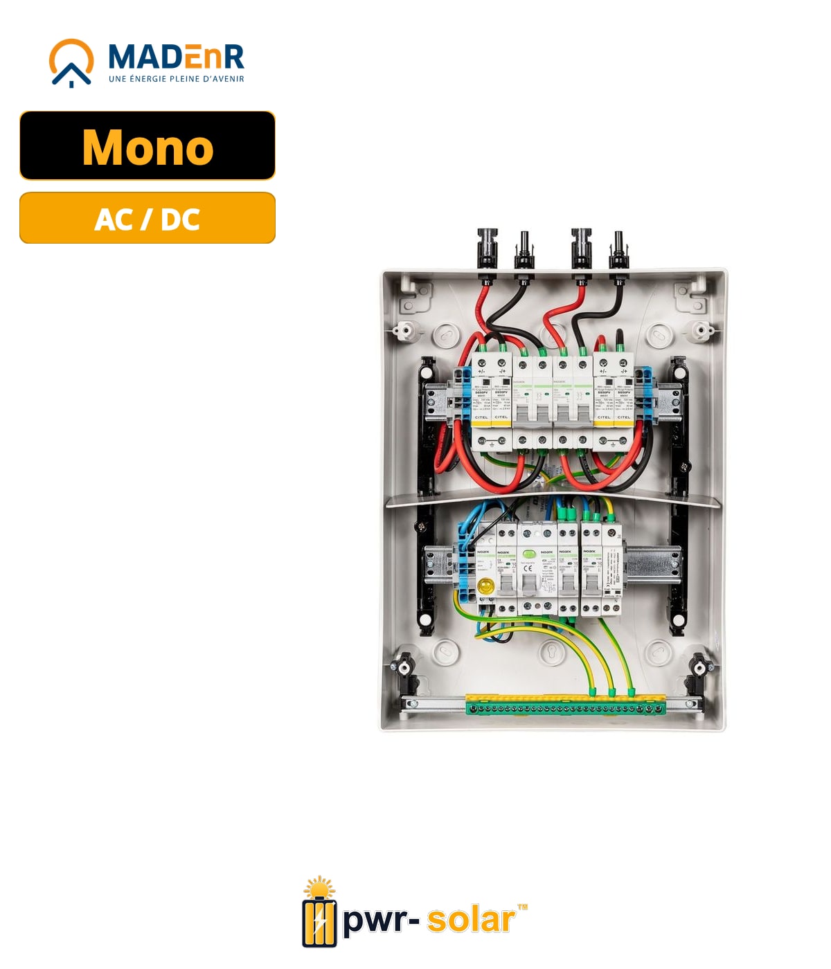 MADEnR - Coffret de protection AC/DC monophasé 6kWc, Parafoudre AC/DC, 2 MPPT - 32A - 600V (1 string pour chaque MPPT) - 300mA - TYPE B
