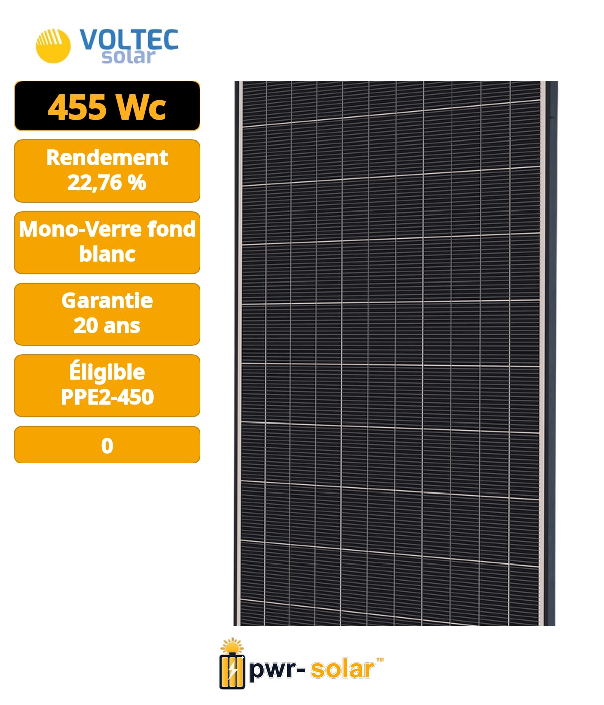 VOLTEC - Module TARKA 110 VSMP 455W Onyx avec bilan carbone PPE2 V1 500kg CO2eq/kWc - Cadre noir - Fond blanc - Connecteurs MC4 - Dimensions 1868 x 1070 x 35mm.