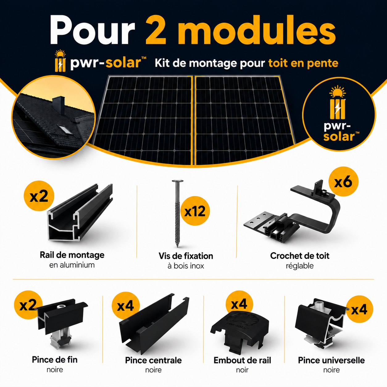 Kit de montage pour 2 panneaux solaires – Toiture inclinée | pwr-solar™