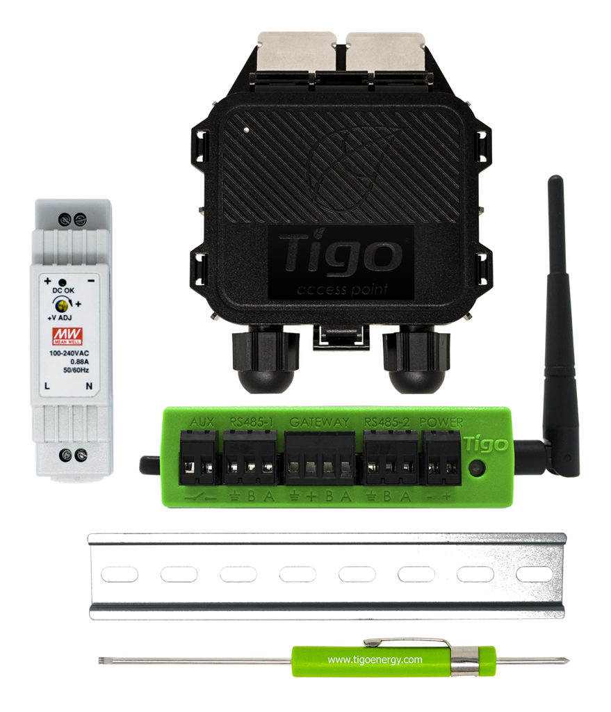 TIGO - Cloud Connect (CCA) - Le kit comprend un Cloud Connect Advanced, un point d'accès Tigo et une alimentation sur rail DIN.
